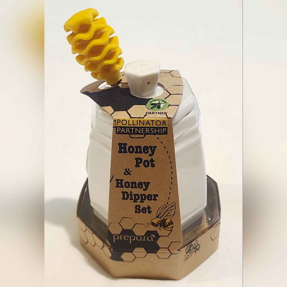 Prepara Ceramic Honey Pot & Silicone/Acacia Wood Dipper Set NIP